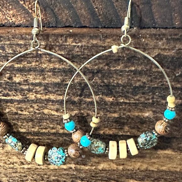 Handmade Western Hippie Copper Wire Colorful Wooden Beads Drop Earrings, Gift B - Picture 5 of 8